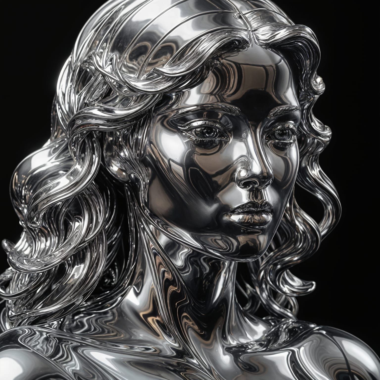 Elegant Chrome Statue Portrait in Liquid Chrome Style