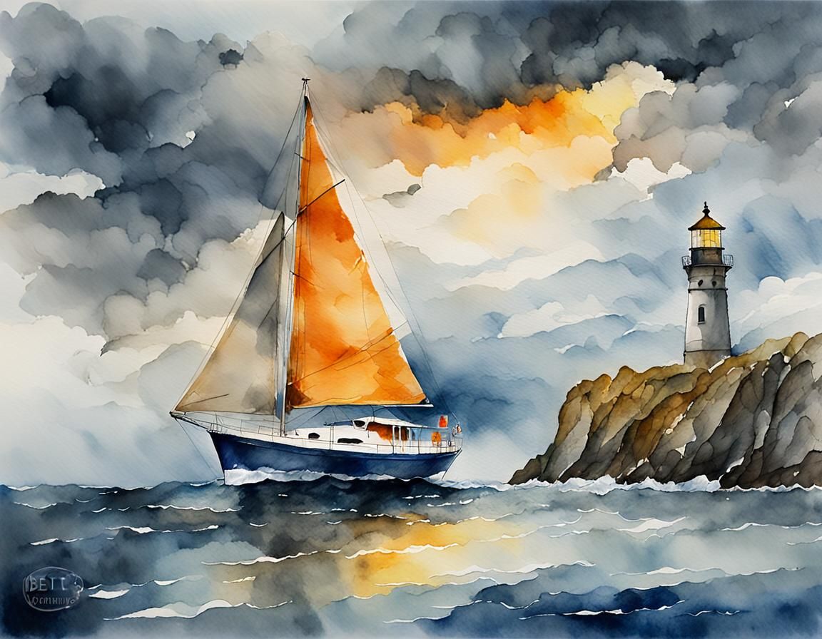 Sailboat Amidst Stormy Brittany Coast, Watercolor Painting