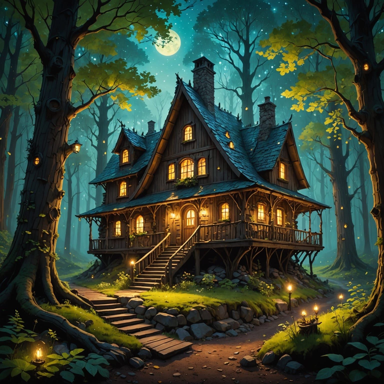 An intricate, fantastical cabin nestled deep within an encha...