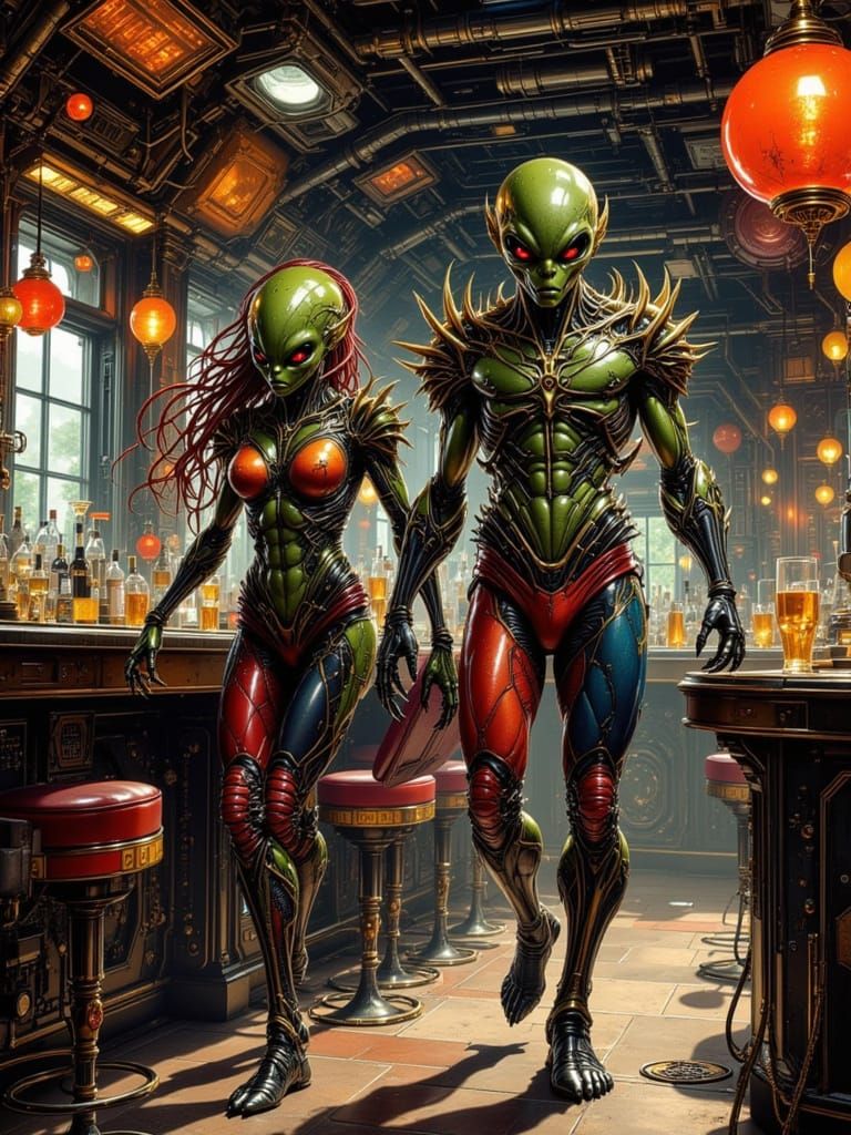 Alien Couple in Futuristic Spaceship Nightclub