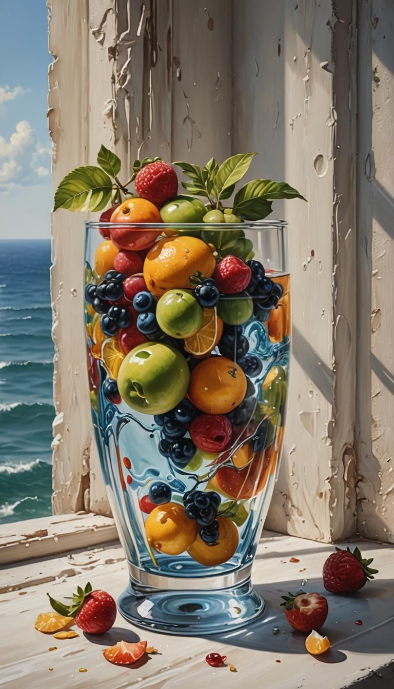 Hyperrealistic Fruit Bowl Still Life with Sea View