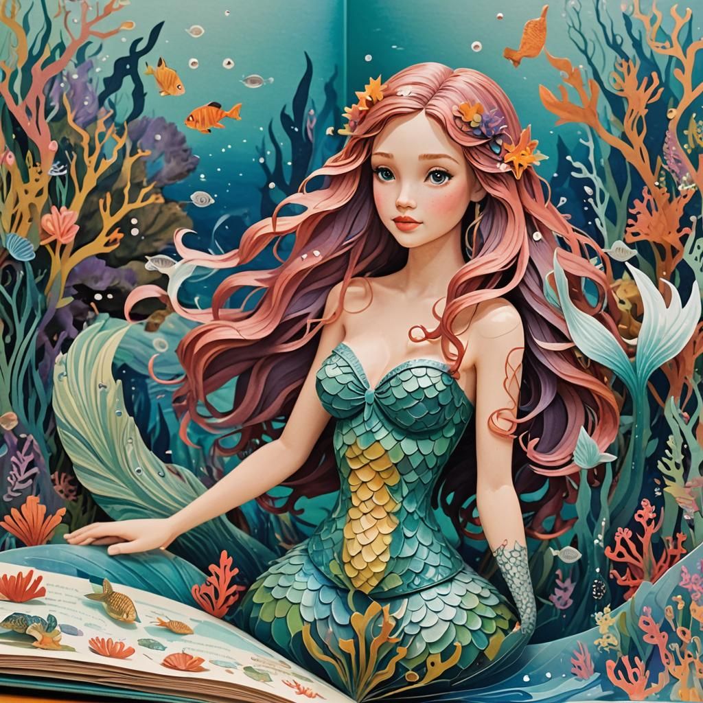 Mermaid Illustration in Pop-Up Book Style
