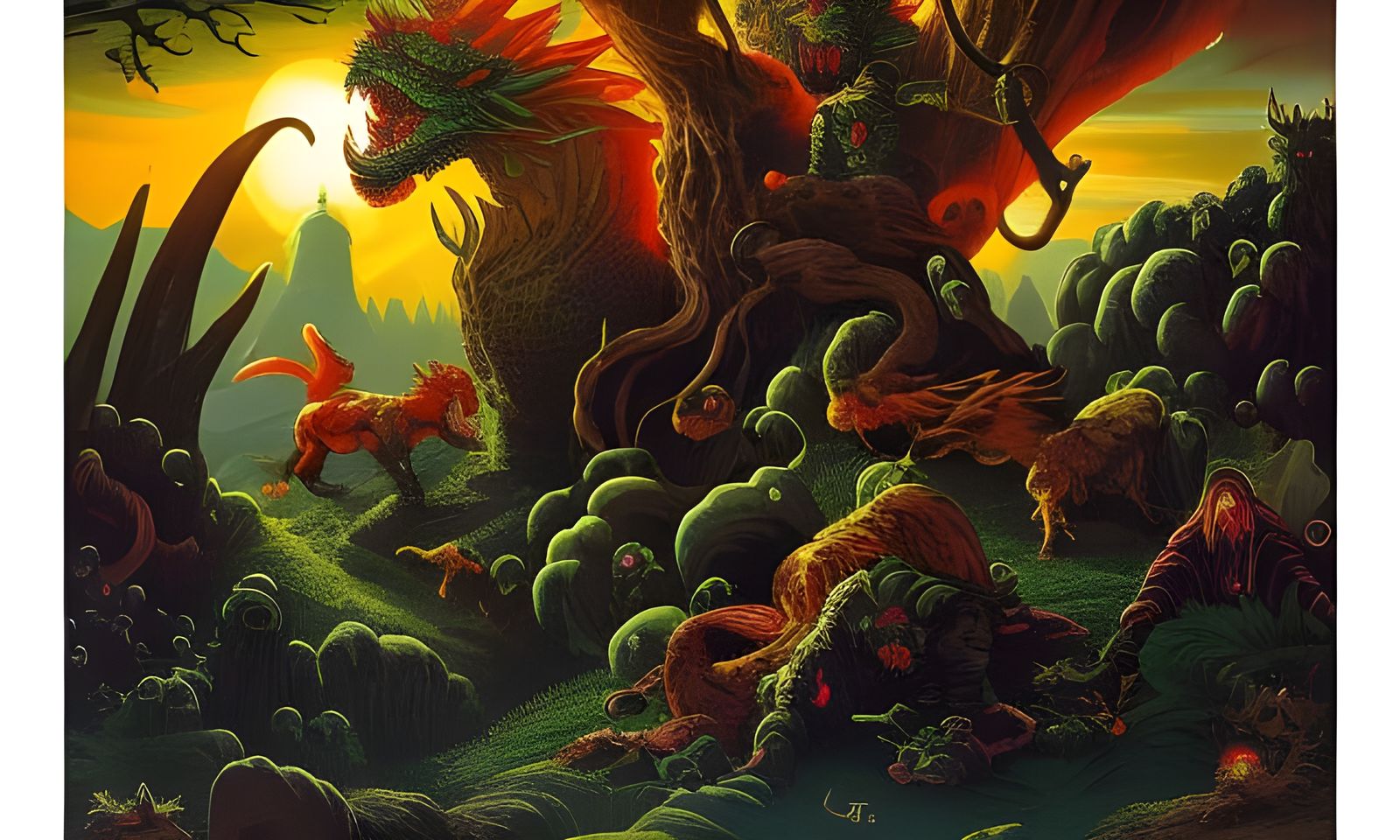 Surreal Scene With Pirates and Gargoyles