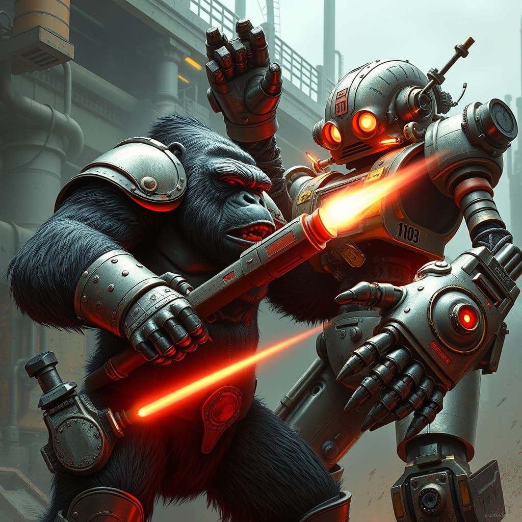 Gorilla Warrior Versus Retro Robot in Industrial Landscape