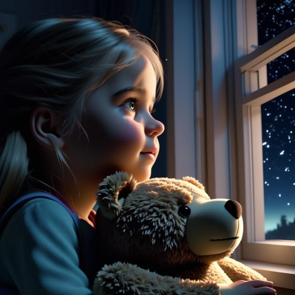Girl, Teddy Bear, and Shooting Star at Night
