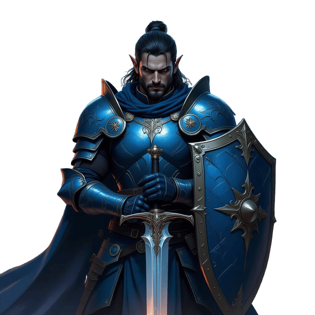 Handsome Tiefling Knight in Blue Armor with Sword and Shield