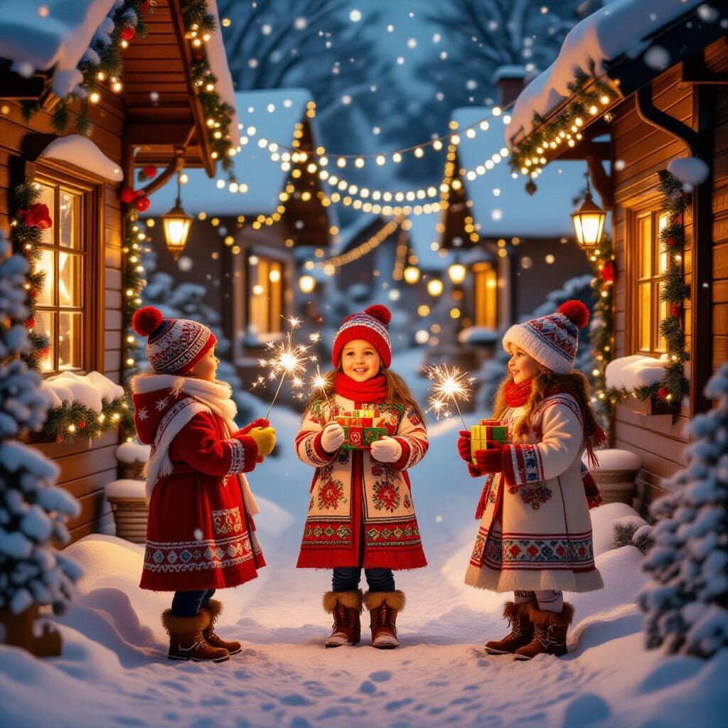Joyful Ukrainian Children Celebrate Christmas in Snowy Villa...