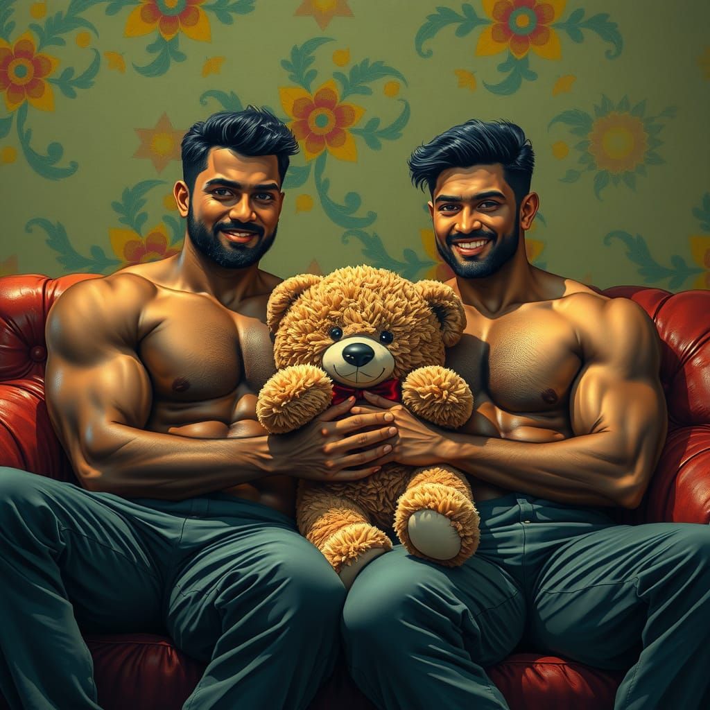 Indian Men Embrace Teddy Bears: Hyperrealistic Concept Art