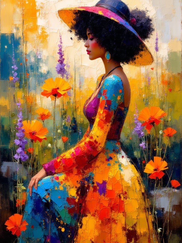 Aboriginal Woman in Dot Painting Style Landscape