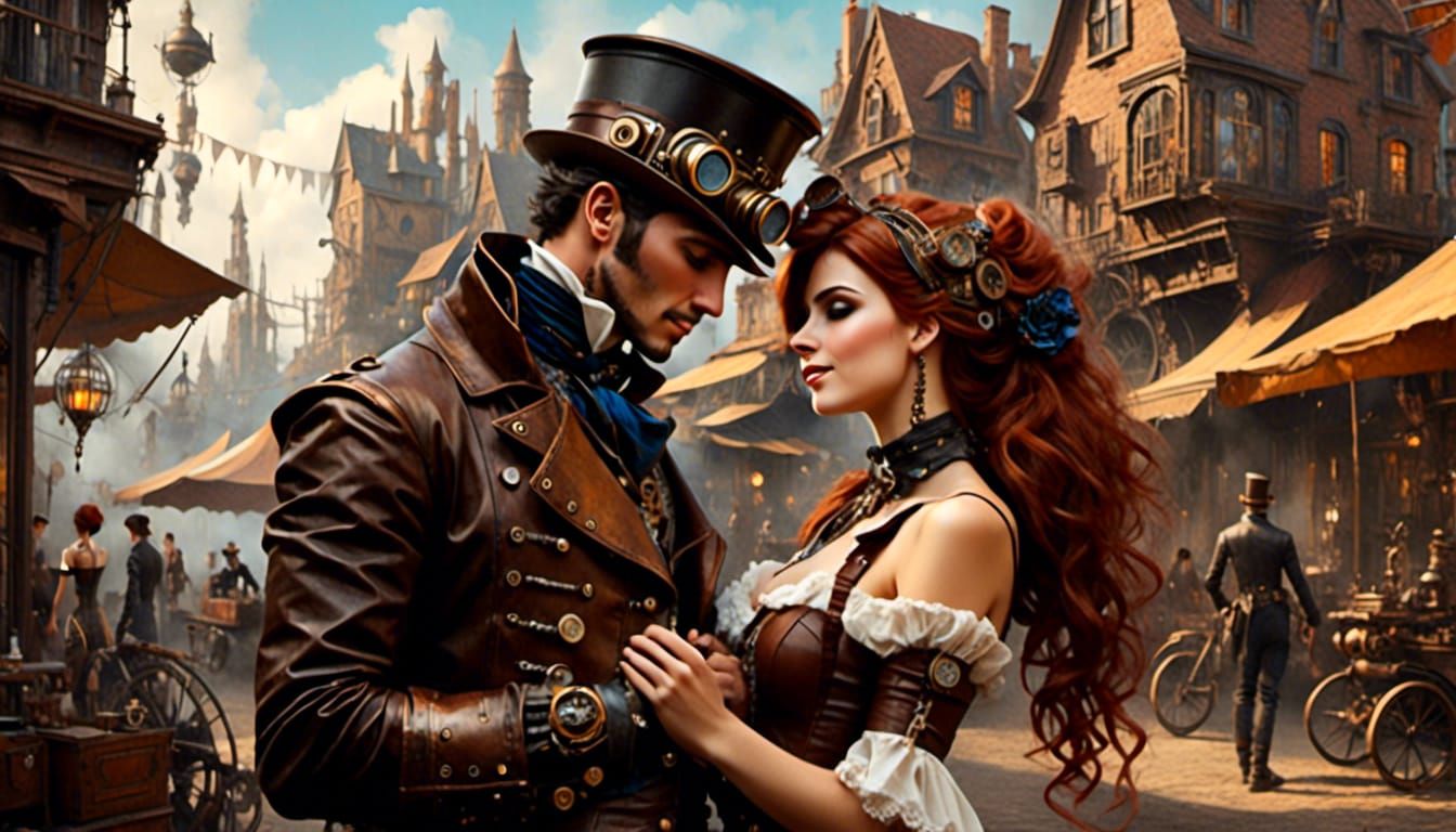 Steampunk Lovers Embrace in a Mechanical Village