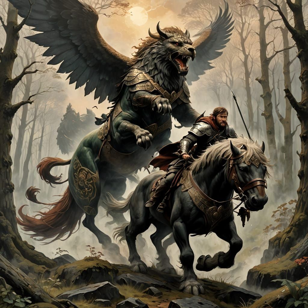 Irish Warrior Confronts Griffin: Fantasy Oil Painting