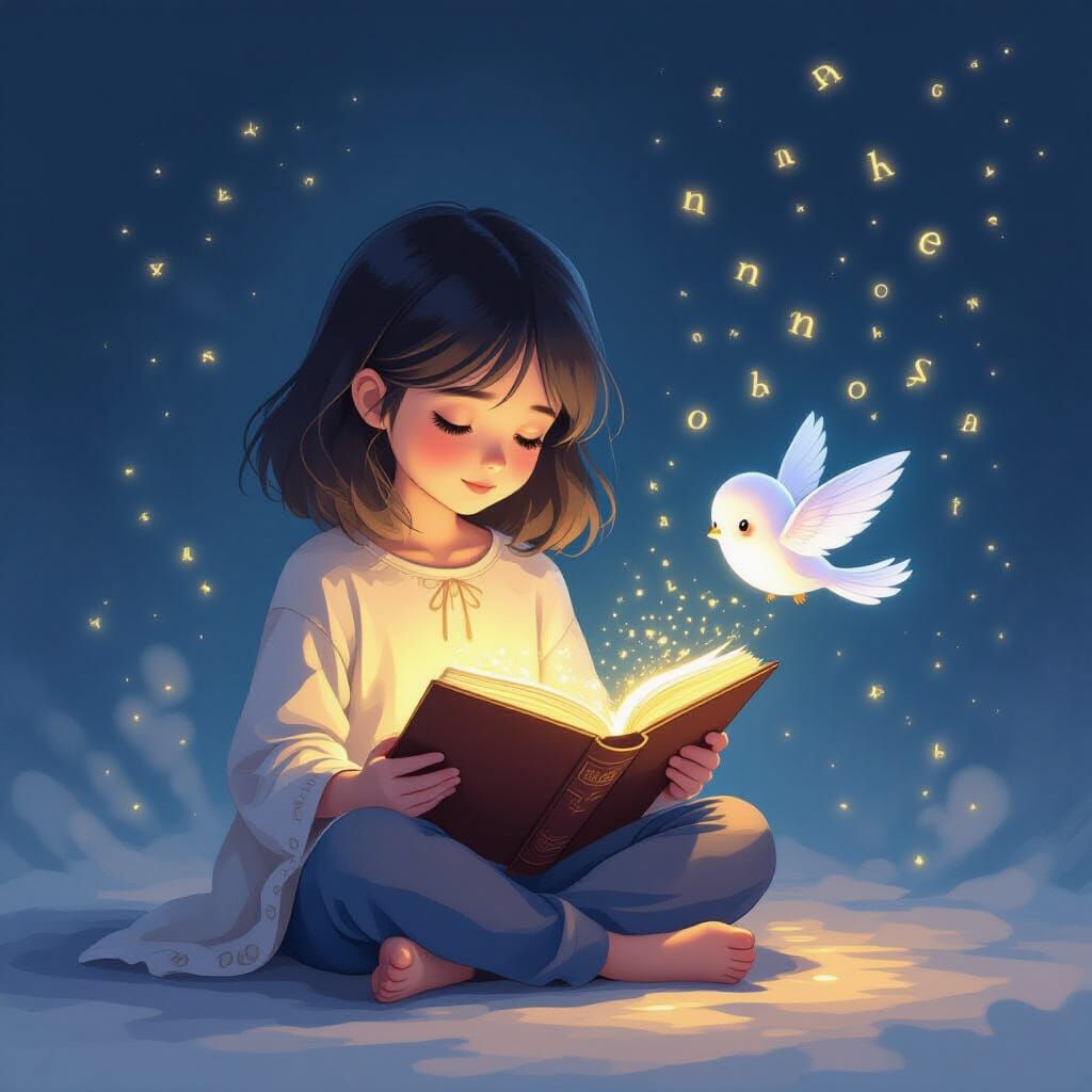 Girl and Wind Spirit Reading Glowing Book