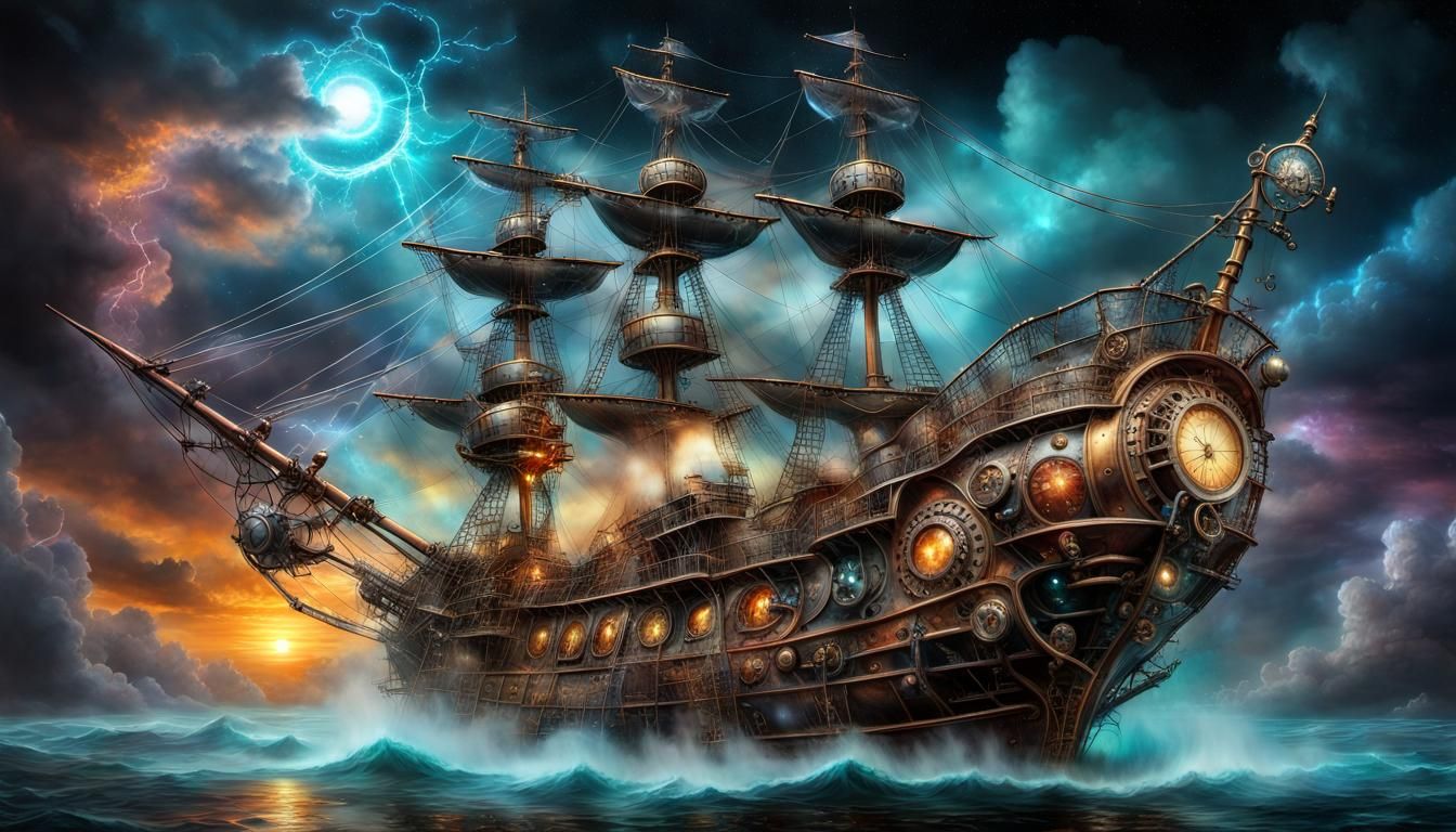 Steampunk Pirate Ship in Cosmic Storm
