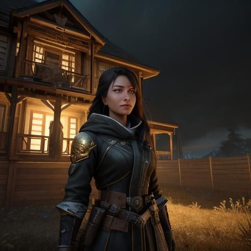 Determined Woman in Gloomy Landscape: 3D Cinematic Render