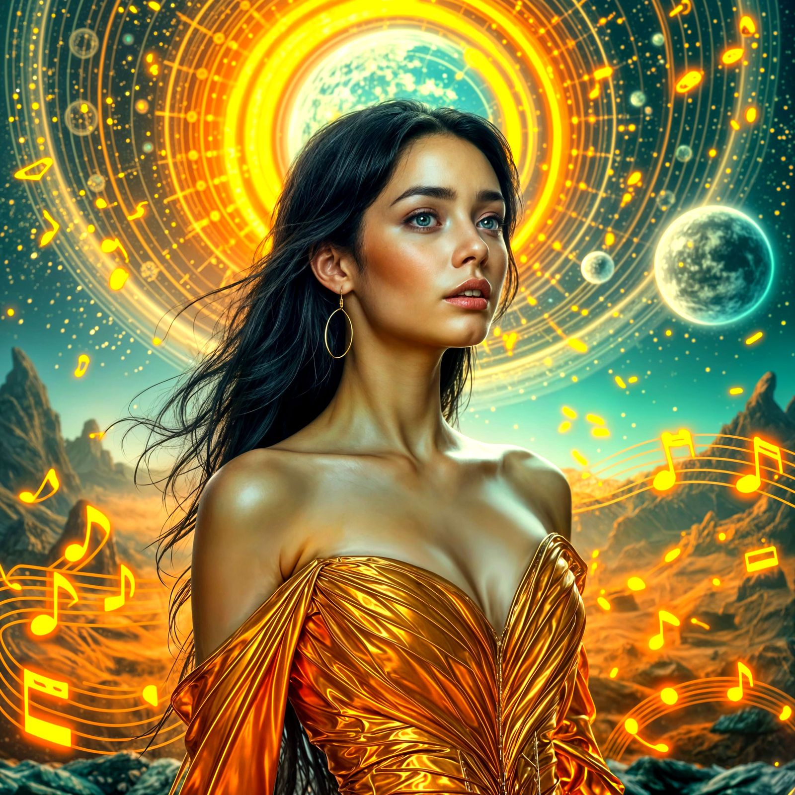Ethereal Woman in Futuristic Gold Dress Digital Art