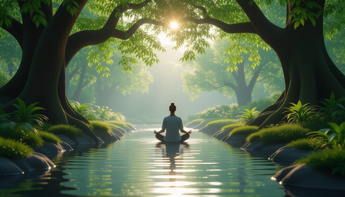 Serene Garden Meditation: River, Sunlight, and Tranquil Bree...