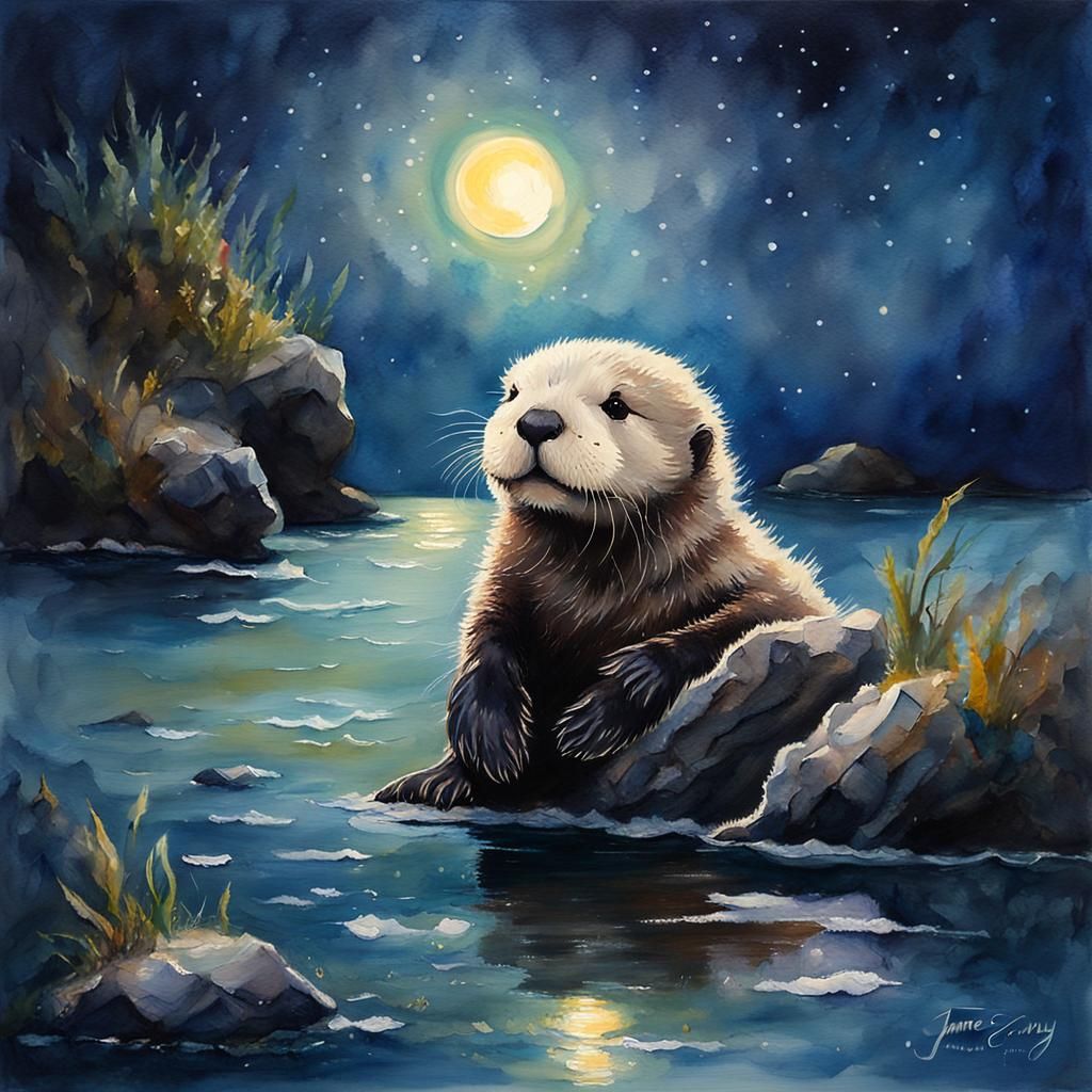 Fluffy Otter Pup in Moonlight: Mixed Media Fantasy