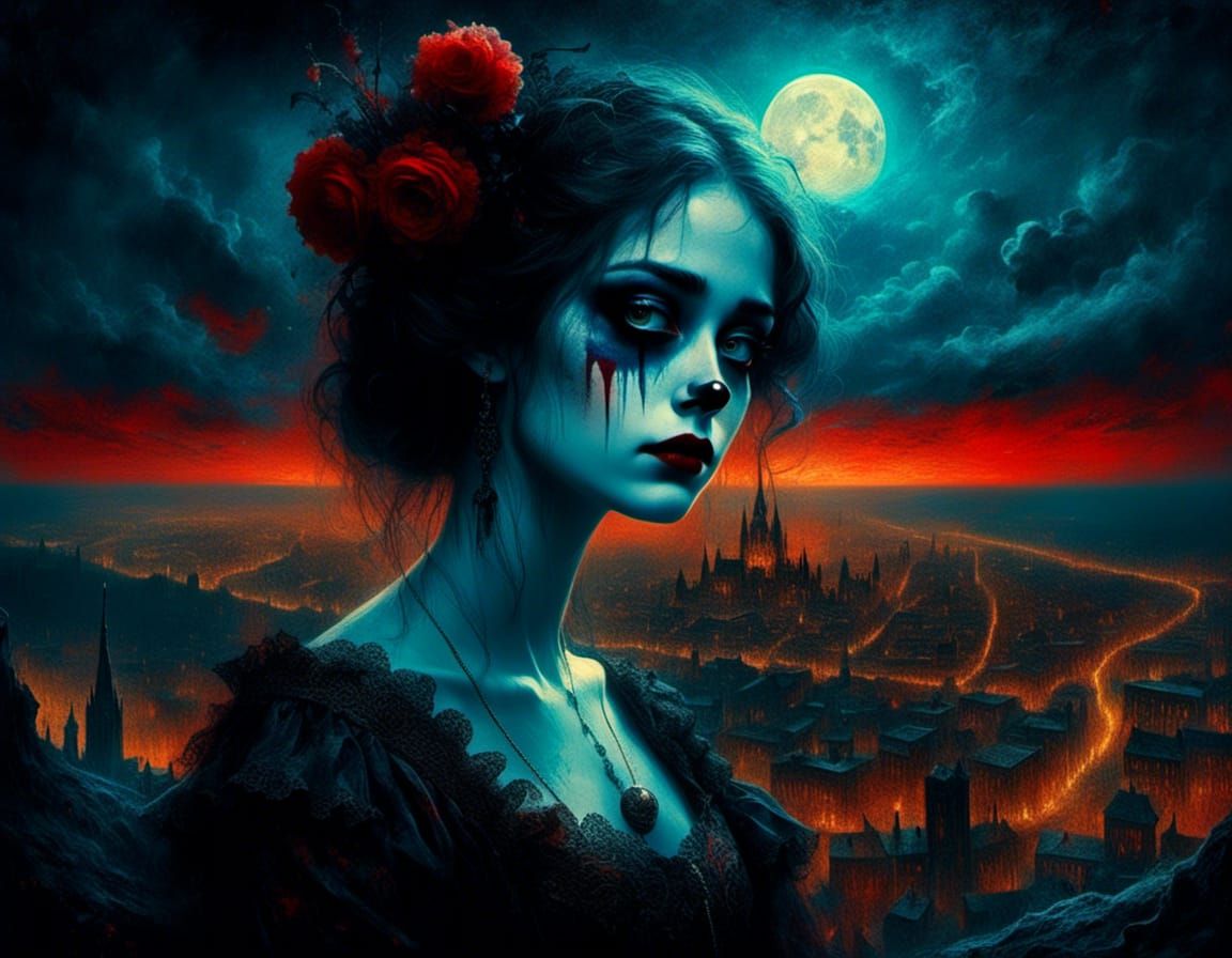 Sad Clown Overlooking City in Victorian Style