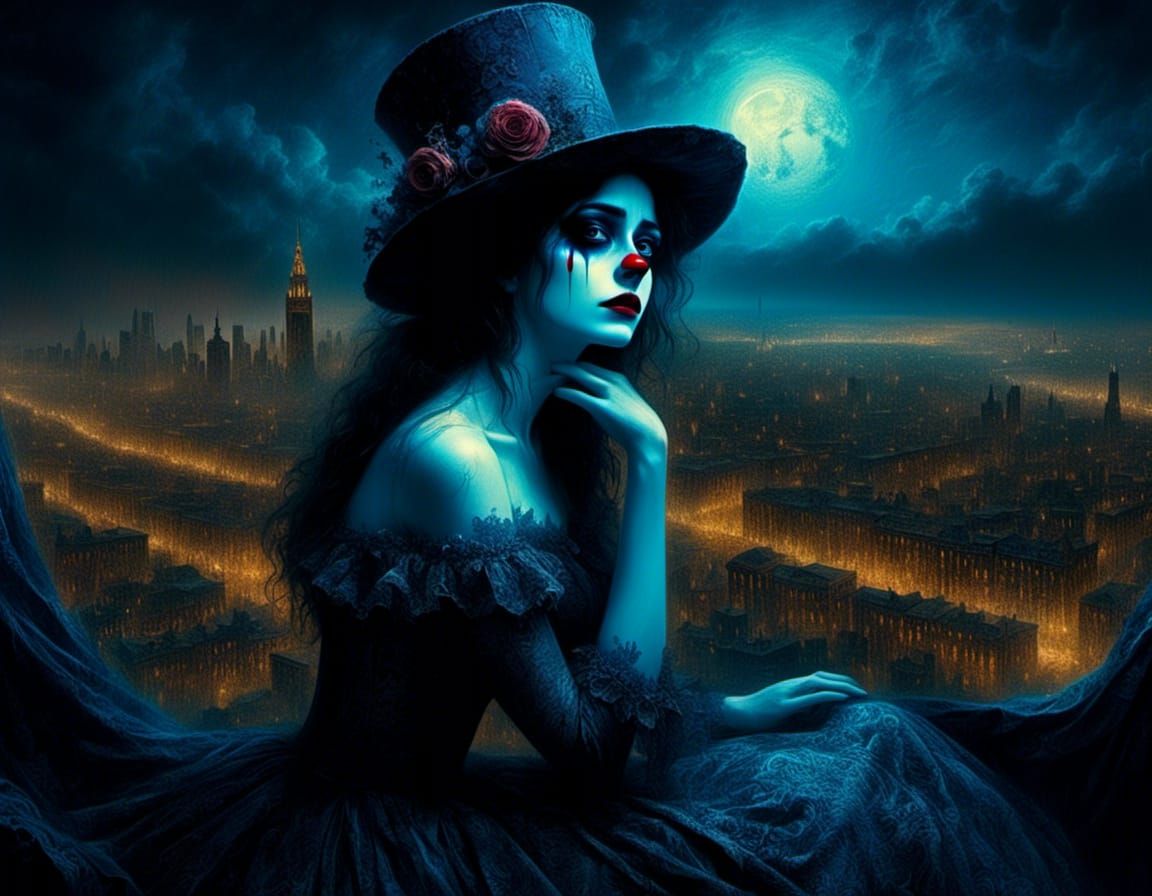 Sad Clown Overlooking City in Victorian Style