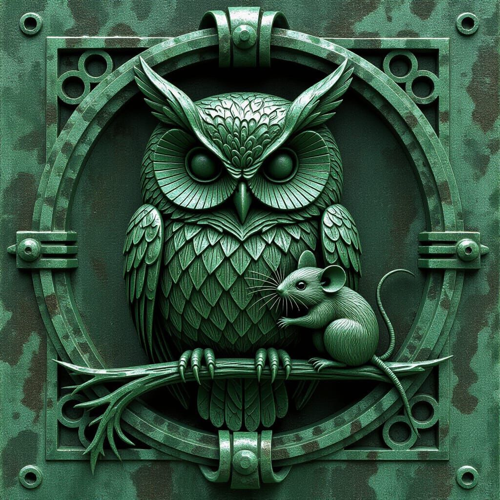 Gothic Metal Engraving: Owl and Mouse in Rusted Detail