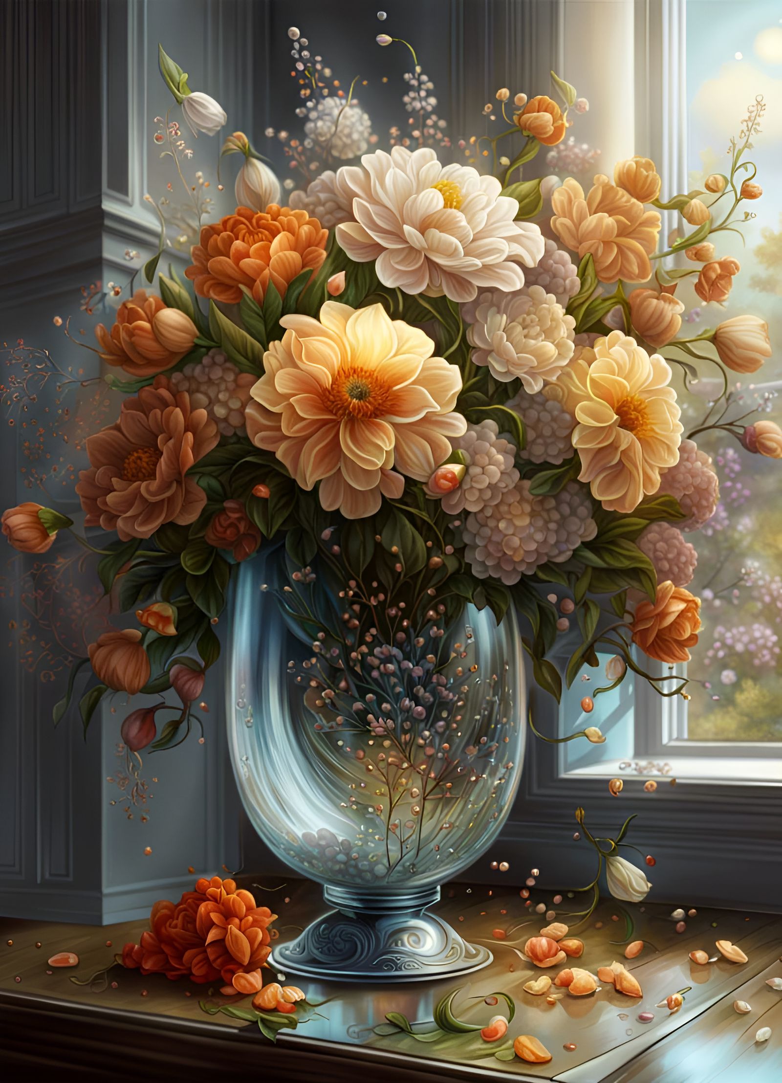 Lush Flower Bouquet in Glass Vase, Digital Art