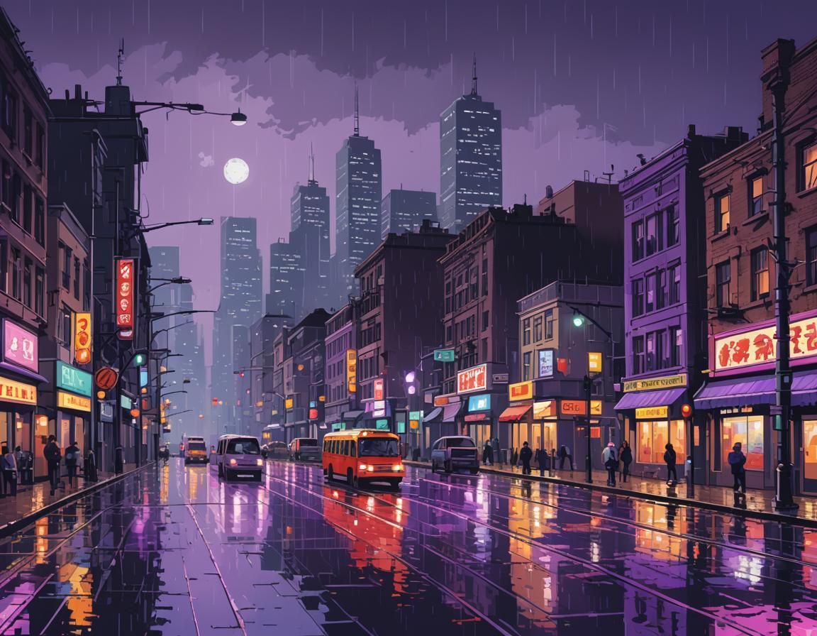 8-Bit Pixel Art Cityscape at Night in Purple