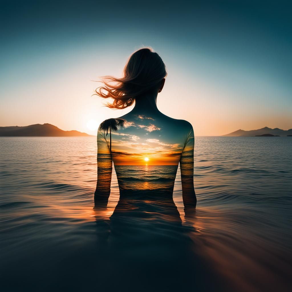 Double Exposure: Woman and Sea Sunset