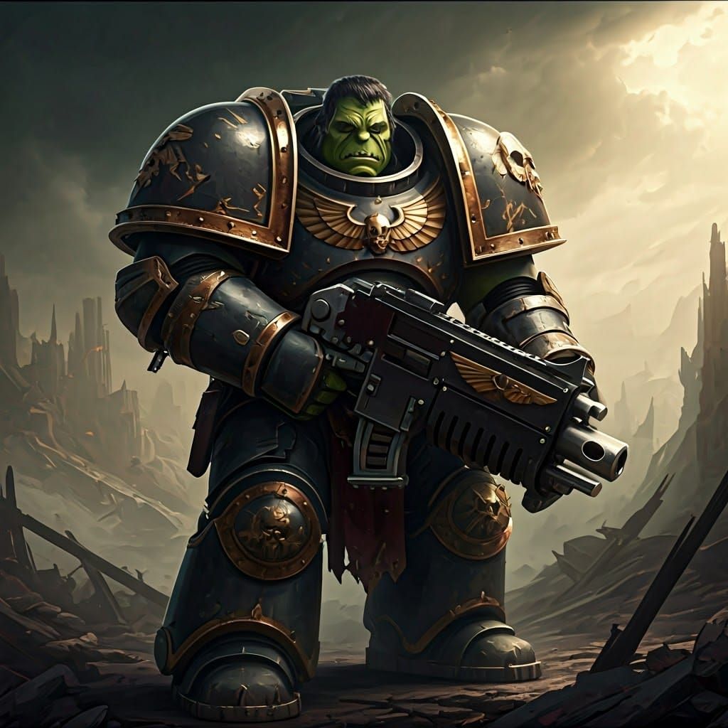 Hulk as Space Marine in Warhammer 40k Landscape