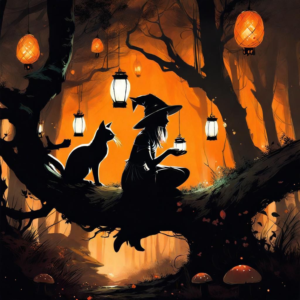 Enchanted Forest Scene with Witch Girl and Cat
