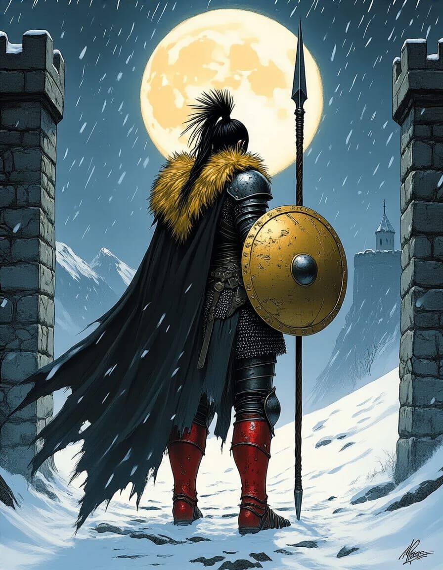 Alpine Fortress Vigil: Female Warrior in Pen and Ink Style