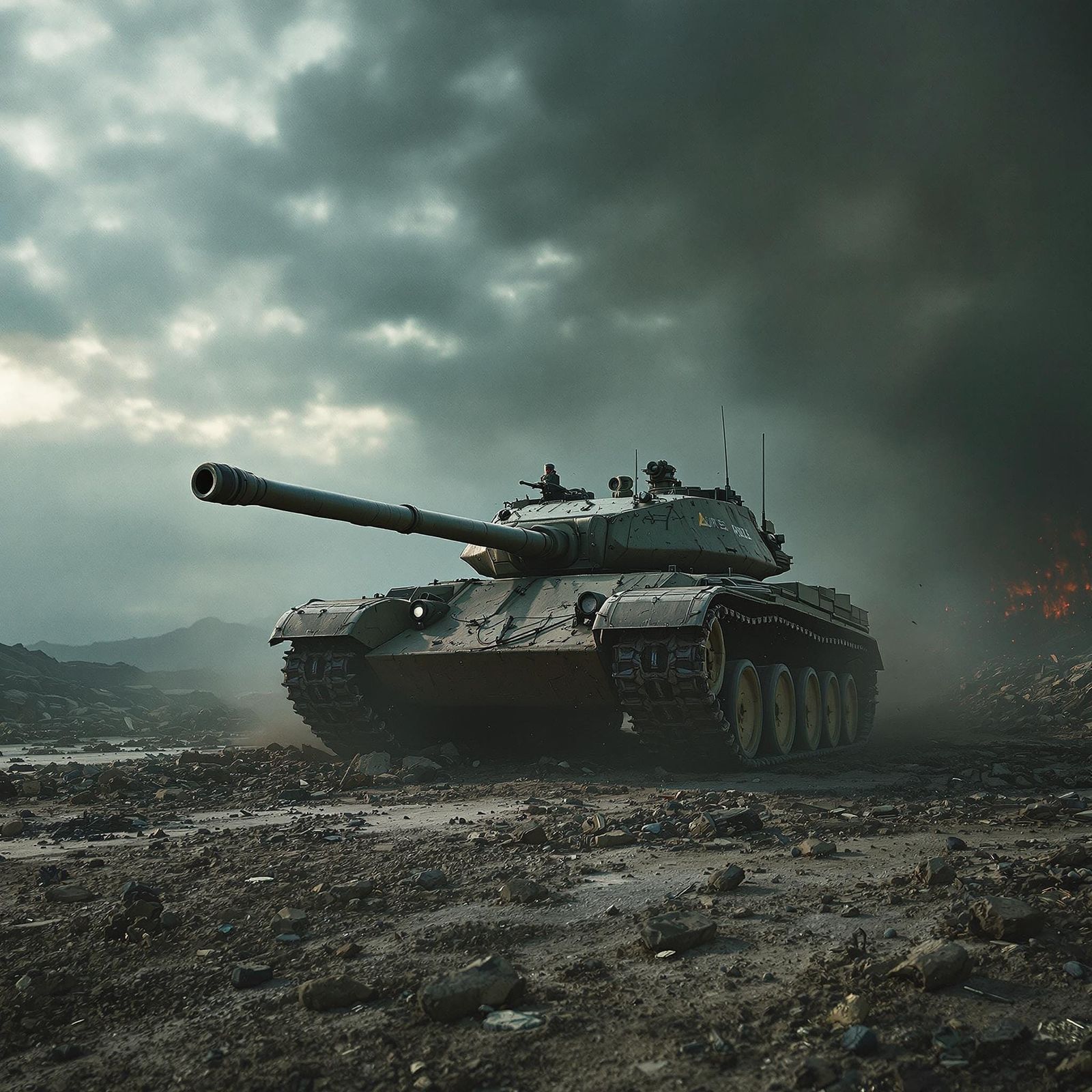 Battle-Worn Tank in War-Torn Landscape: Cinematic Still