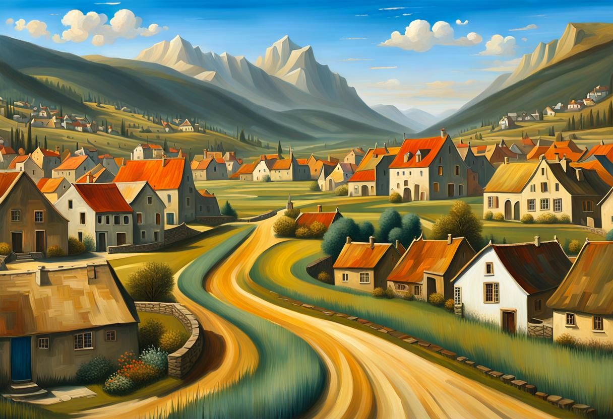 Picturesque Mountain Village in Oil Painting Style