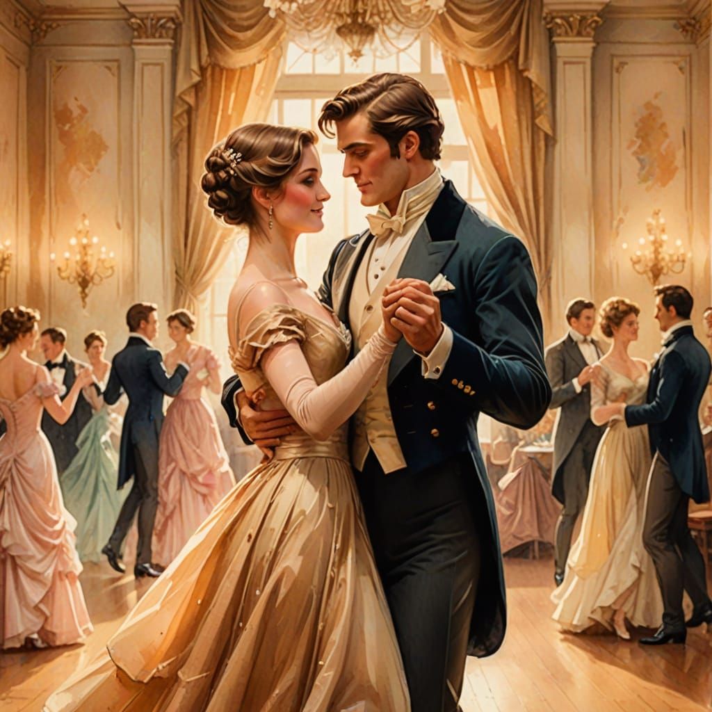 Elegant Regency Couple Waltz Illustration in Watercolor Styl...