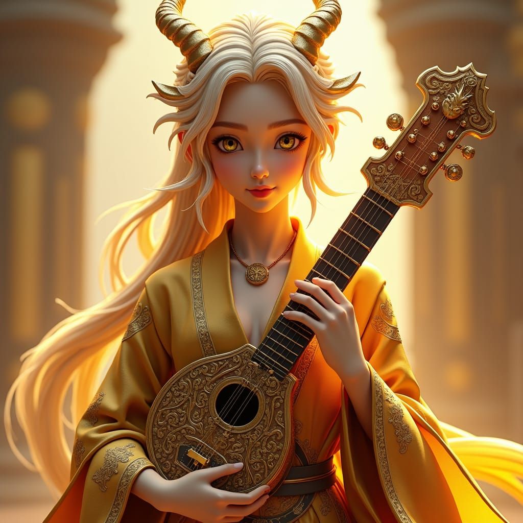 Regal Dragonborn with Lute in Hyper-Realistic 3D Anime