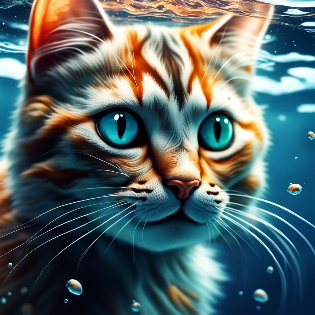 Cute Mystical Cat in Deep Ocean: Hyperrealistic Splash Art