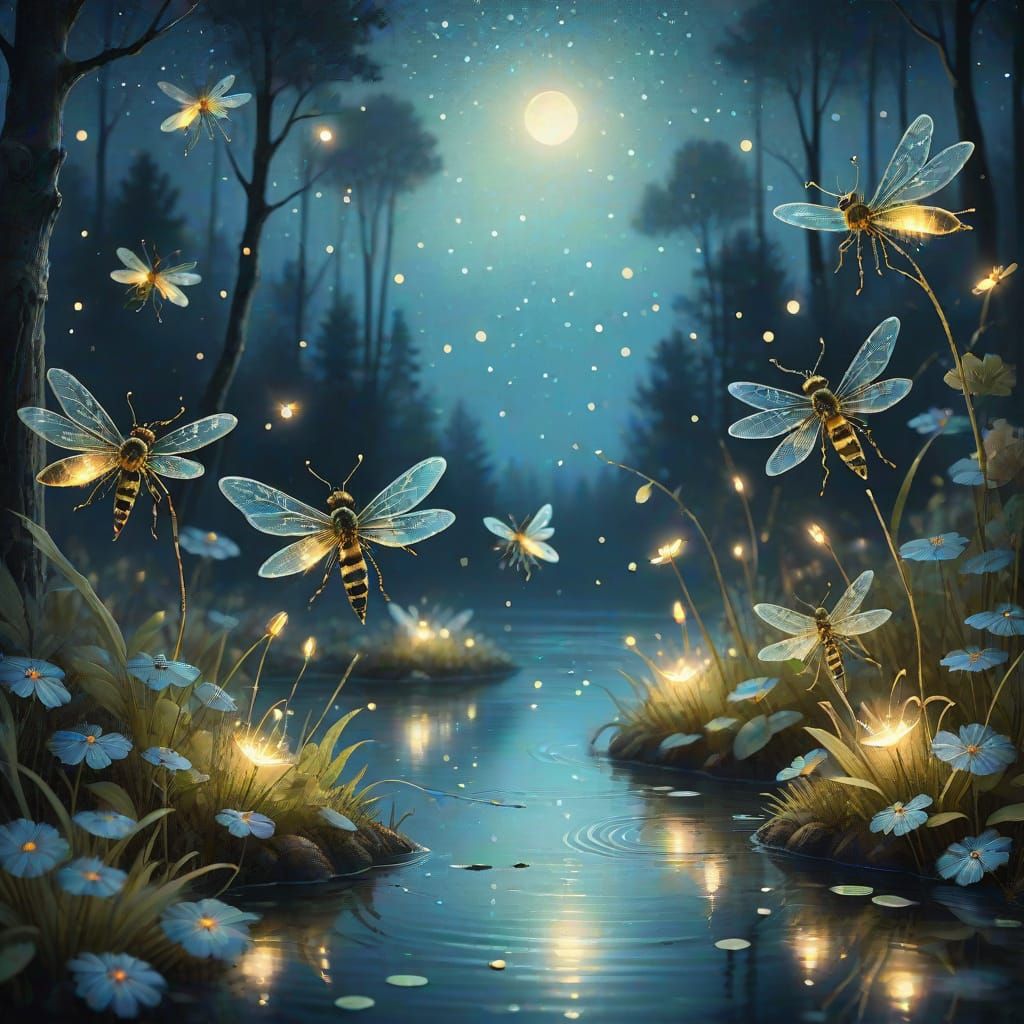 Dreamy Firefly Fairies Dance Under Moonlight in Whimsical Fo...