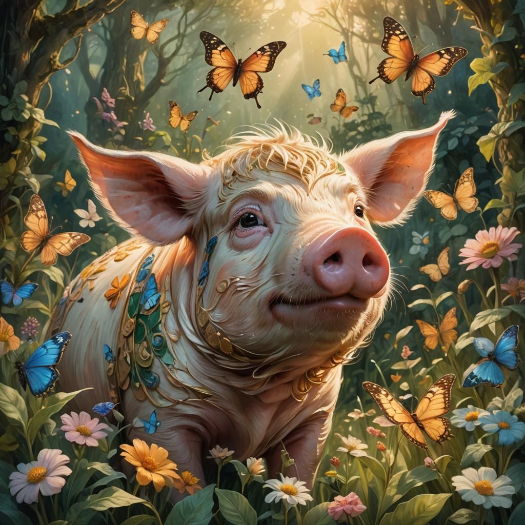 Whimsical Pig and Butterfly in Enchanting Garden