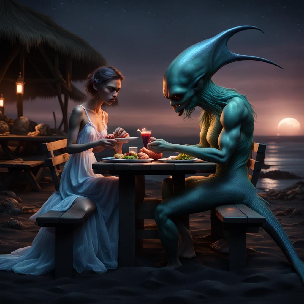 Alien and Merman Dine on Black Sand Beach