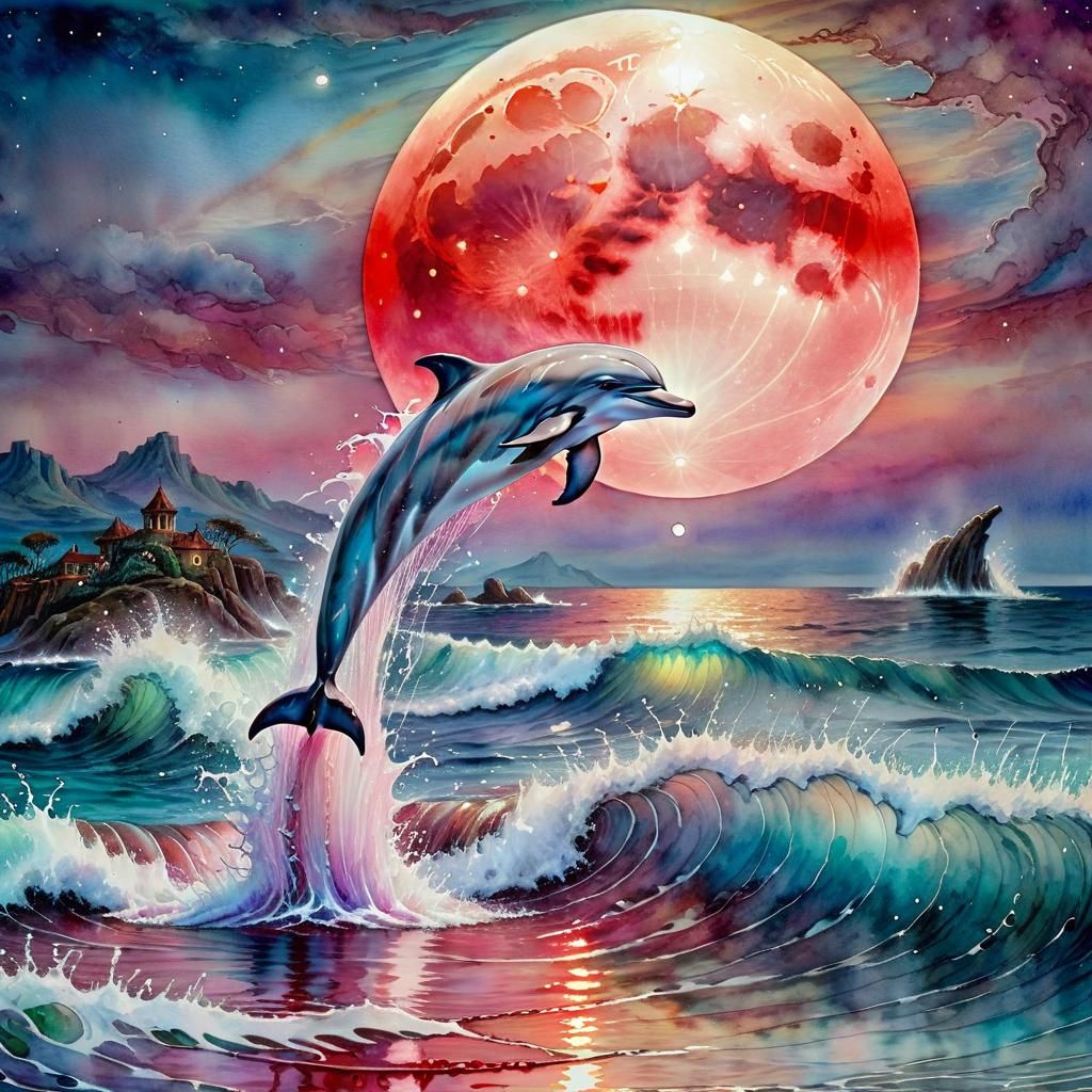 Blood Moon Dolphins in Watercolor Seascape