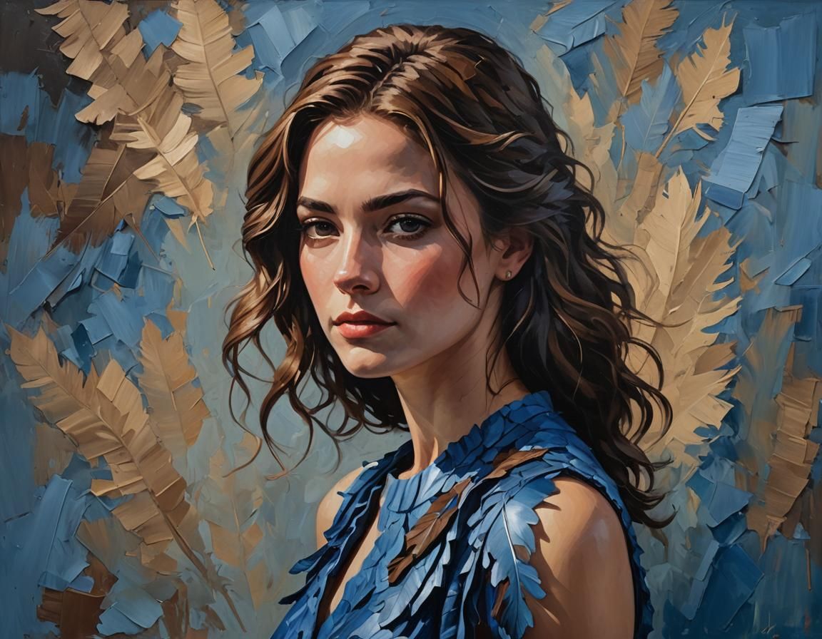 Feathered Dress Portrait as Impasto Oil Painting