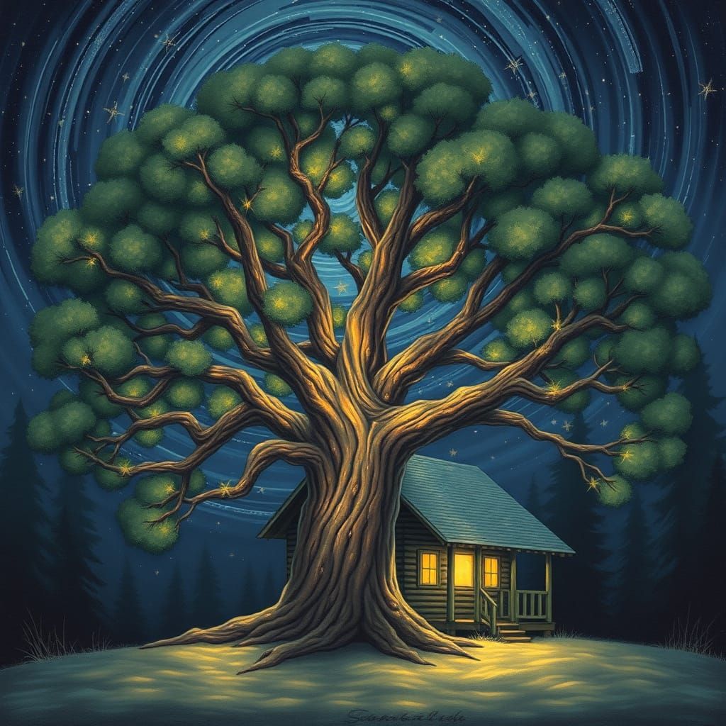 Tree Grows Through Cabin Reaching Galaxy in Impressionism