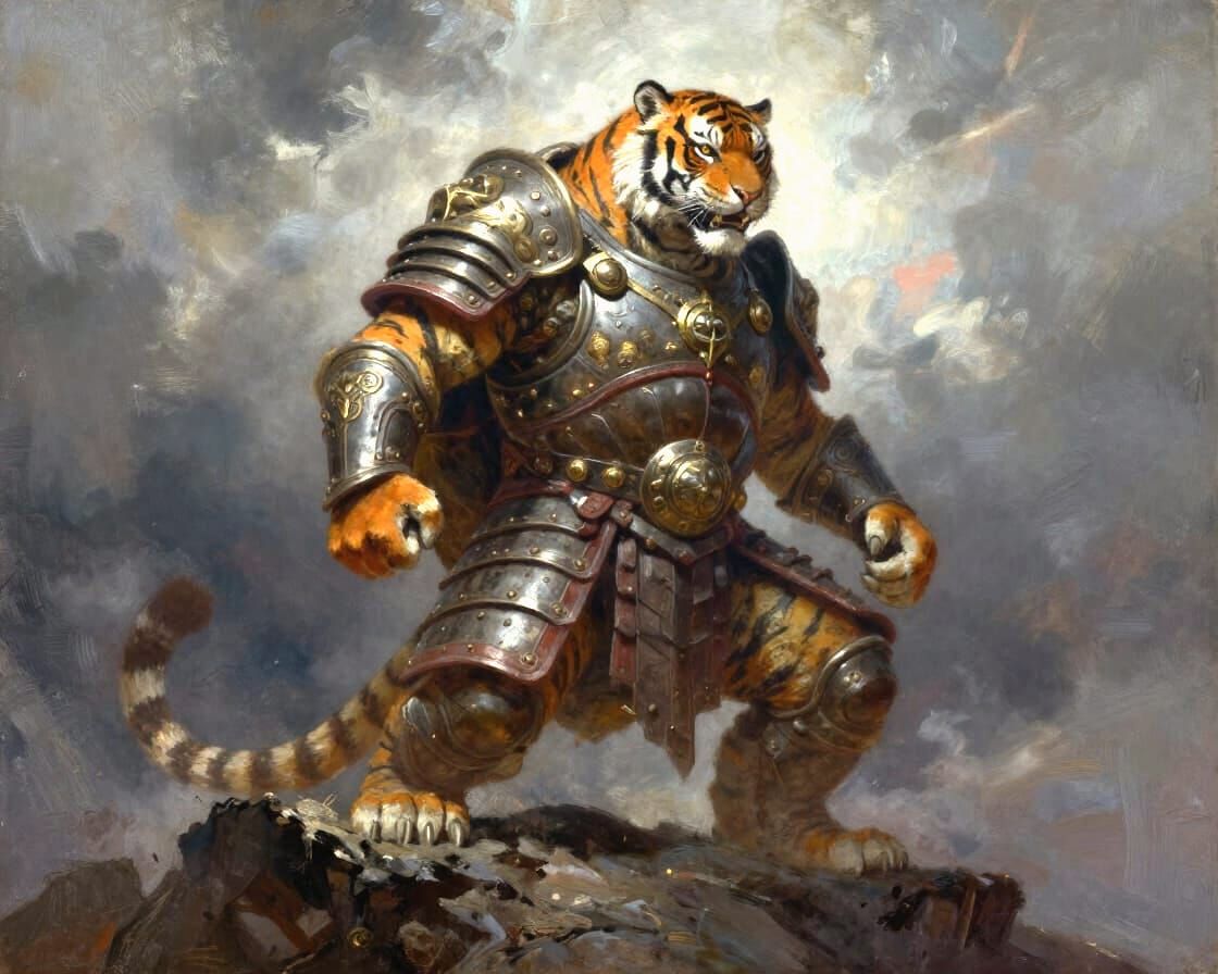 Tiger Warrior Hybrid in Ornate Armor on Precipice