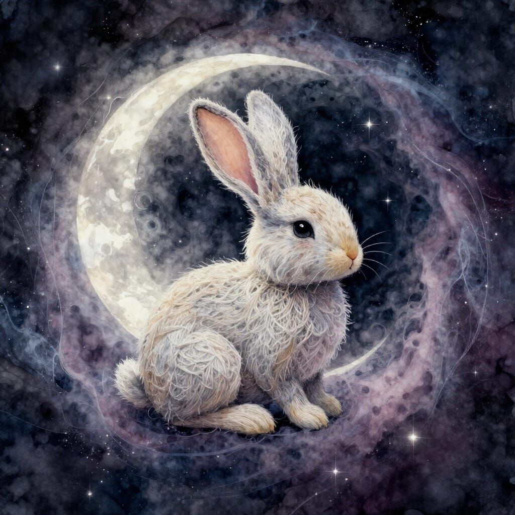 Cosmic Bunny Woven from Moonlight and Shadow