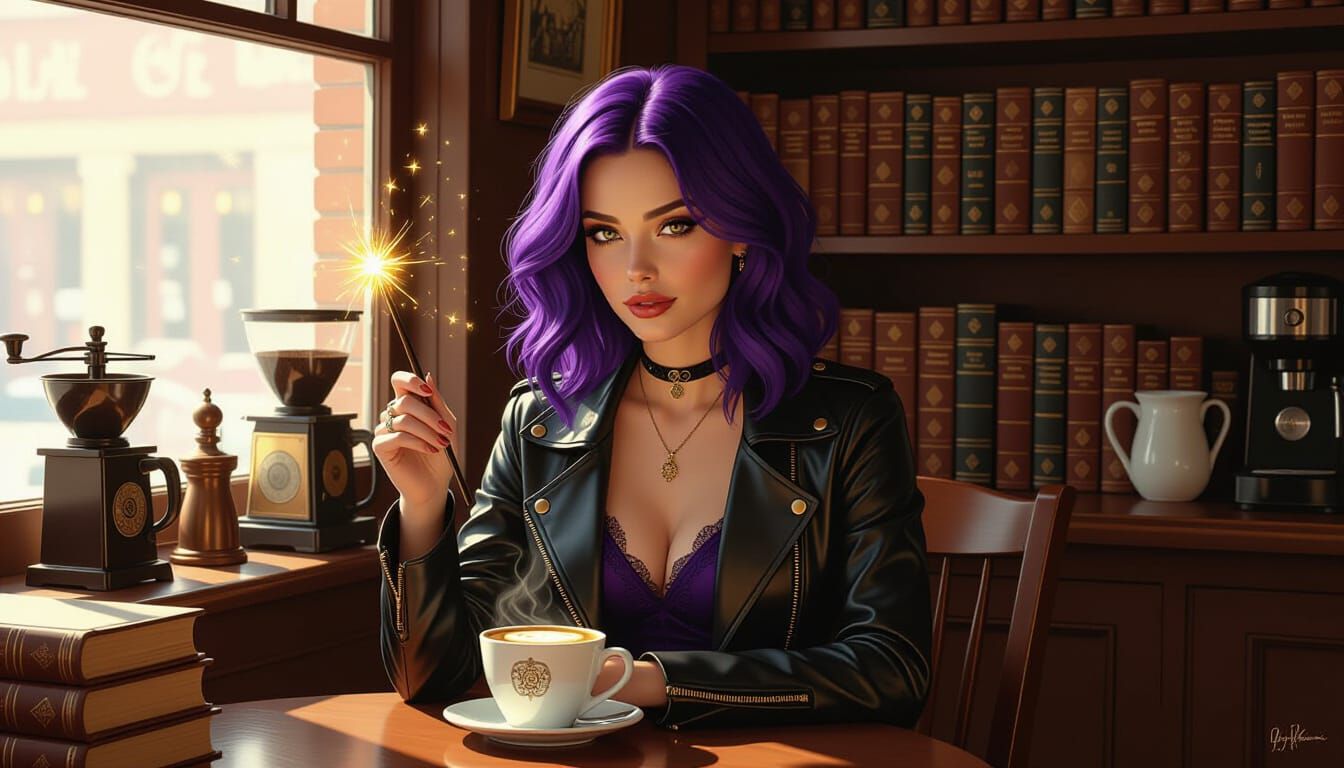 Witch Stirring Magic Latte in Cozy Cafe