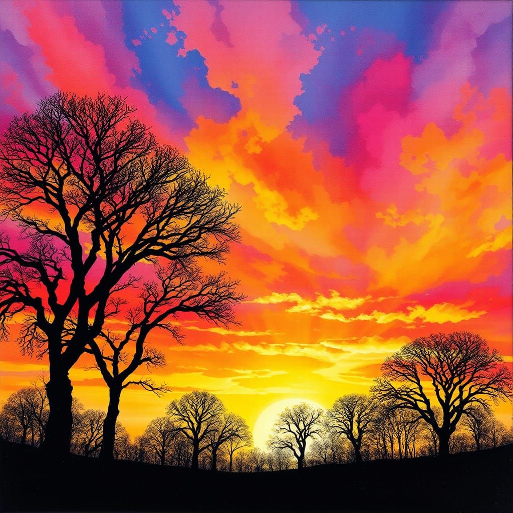 Iridescent Sunset Landscape with Tree Silhouettes