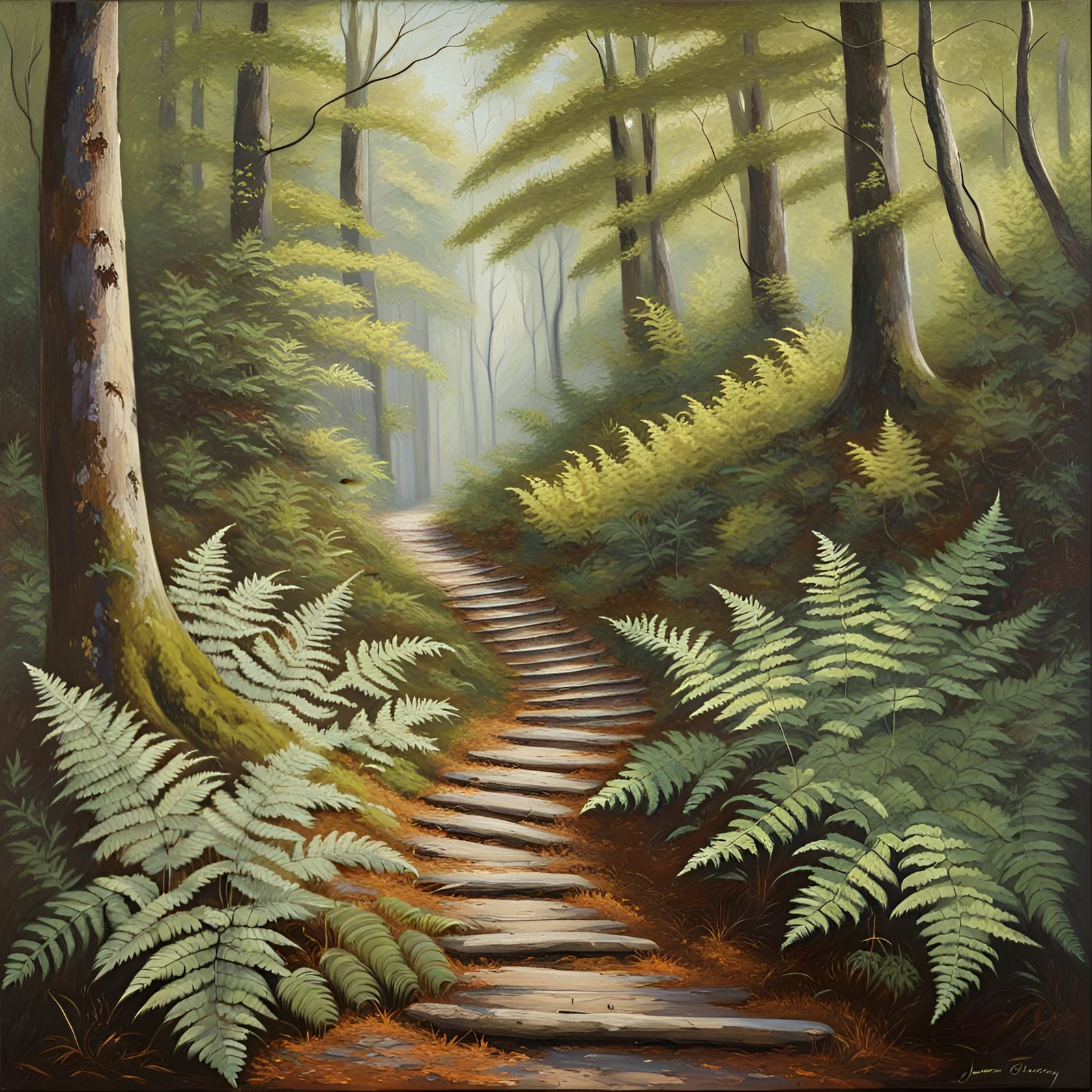 Sunlit Path Through Beech Forest, Oil Painting