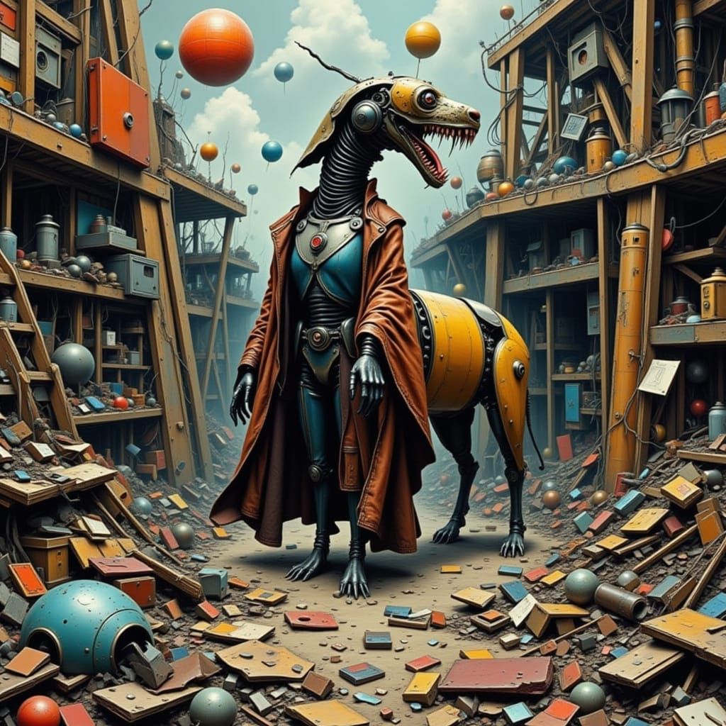 Cyberpunk Space Junkyard Owner with Fierce Cybernetic Dog