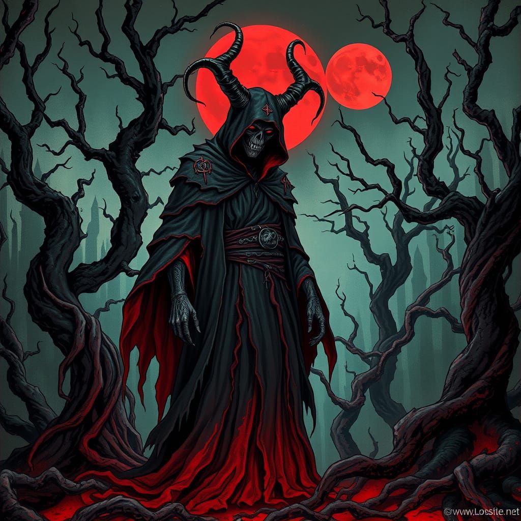 Mystic Demon in Crimson Robes Amidst Blood Moon Forest