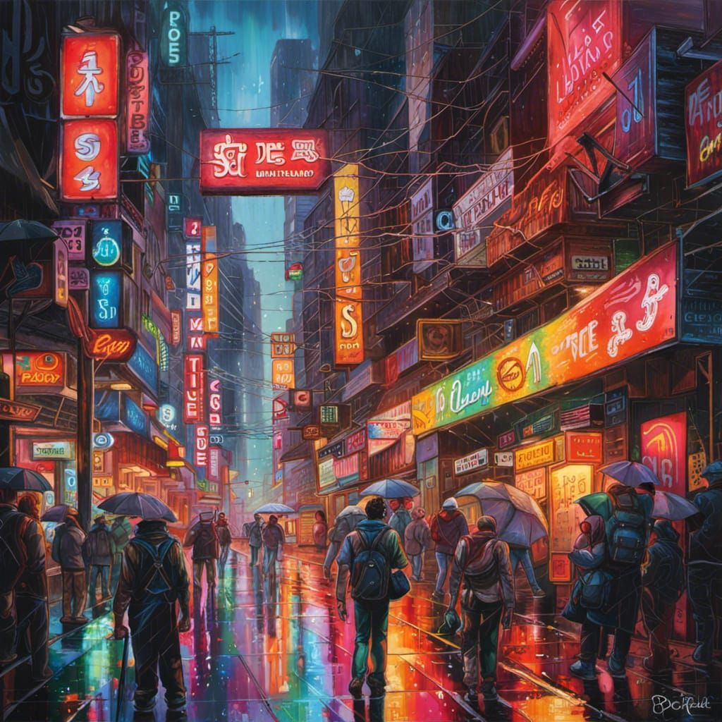 Cyberpunk Cityscape at Night in the Rain