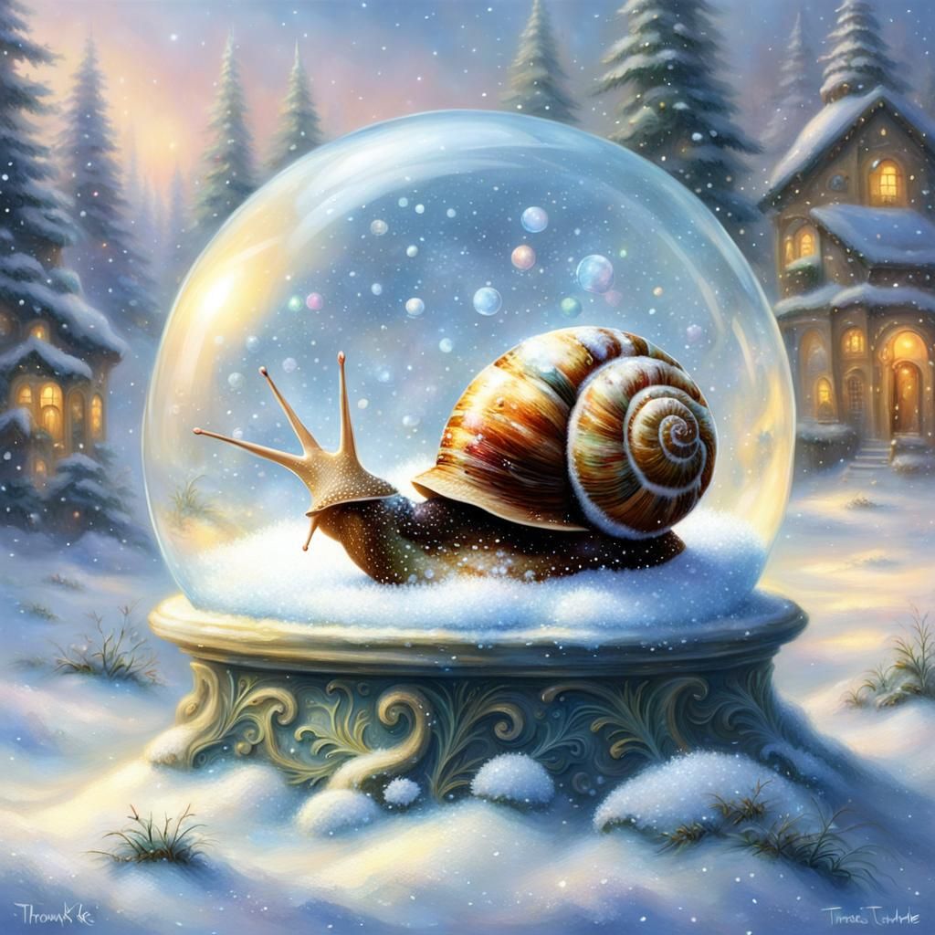 Snail with Snow Globe Shell in Winter Scene